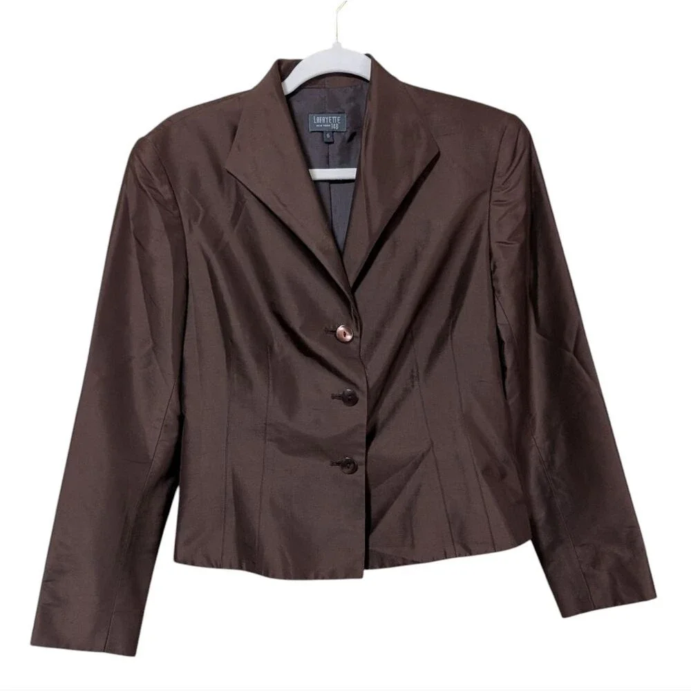 Lafayette NY 148 100% silk blazer size 6 brown lined 3 button closure